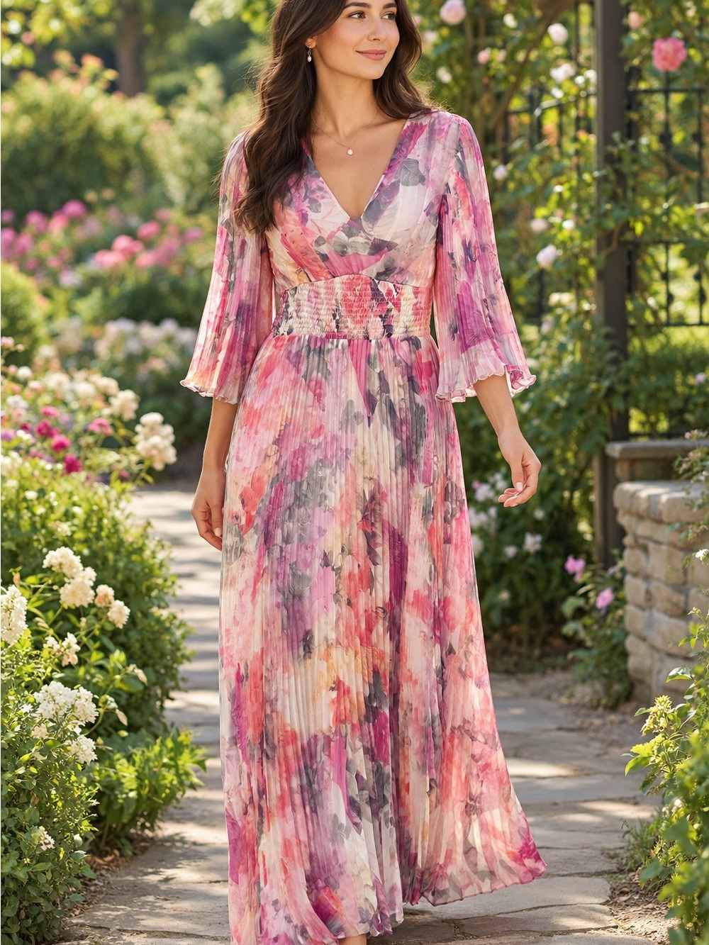 Vince Camuto Pink and Purple Floral Pleated Maxi Dress